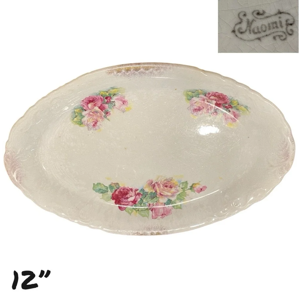 VTG Floral Porcelain Serving Platter‎ Tray Plate Naomi Roses Gold Trim 1910-1930